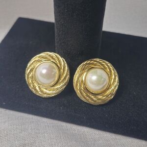 Vintage Christian Dior Clip-On Earrings | Faux Pearl Gold-Tone Rope Design